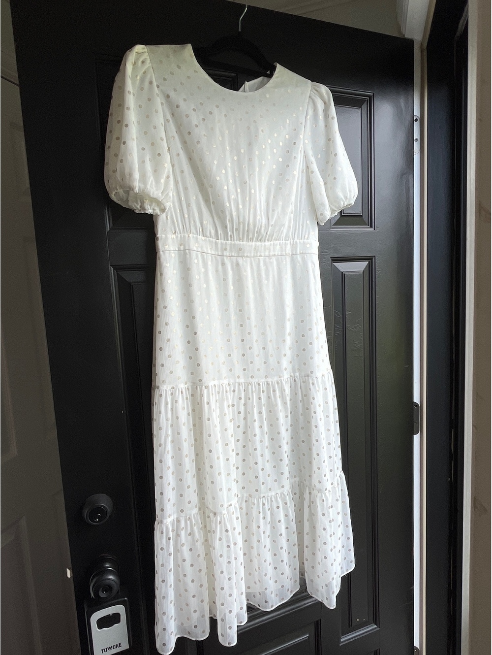 Ted Baker White Midi Dress with Gold Polka Dots and Puff Sleeves